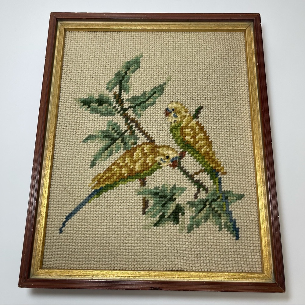 Vintage Handmade Needlepoint Embroidery Yellow Birds Green Leaves Framed Picture